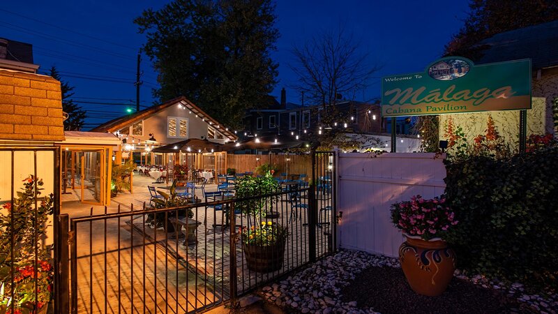 View of outdoor seating area at night