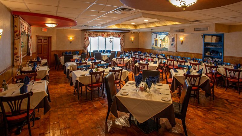 Dining room with many tables